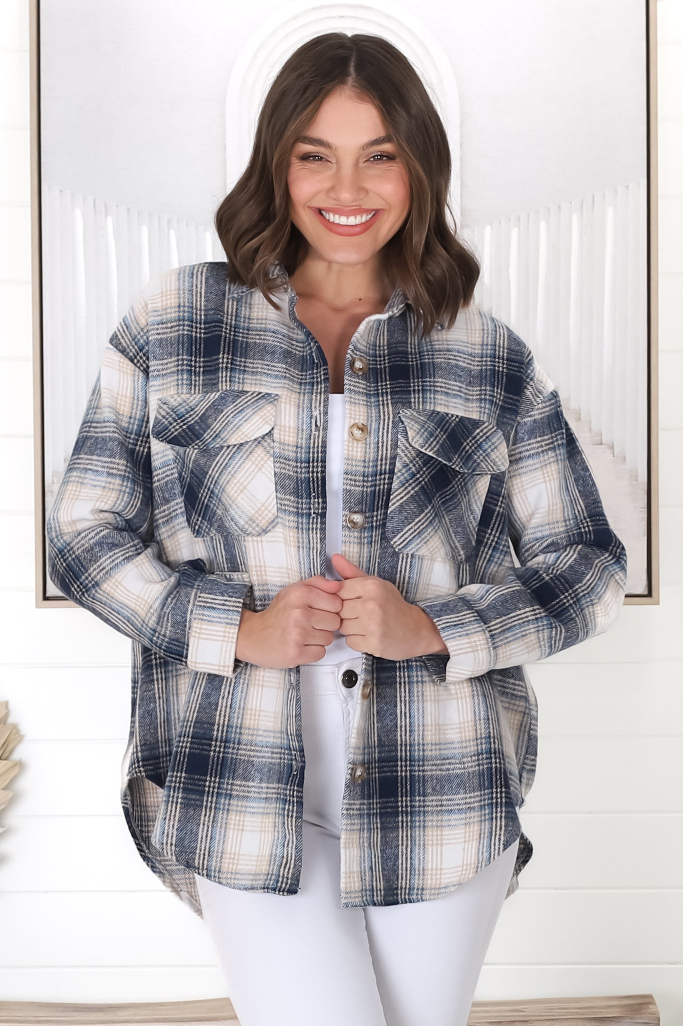 Nevis Shacket - Oversized Scoop High Low Checkered Shirt Jacket in Blue