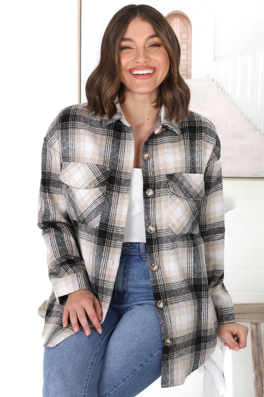 Nevis Shacket - Oversized Scoop High Low Checkered Shirt Jacket in Grey
