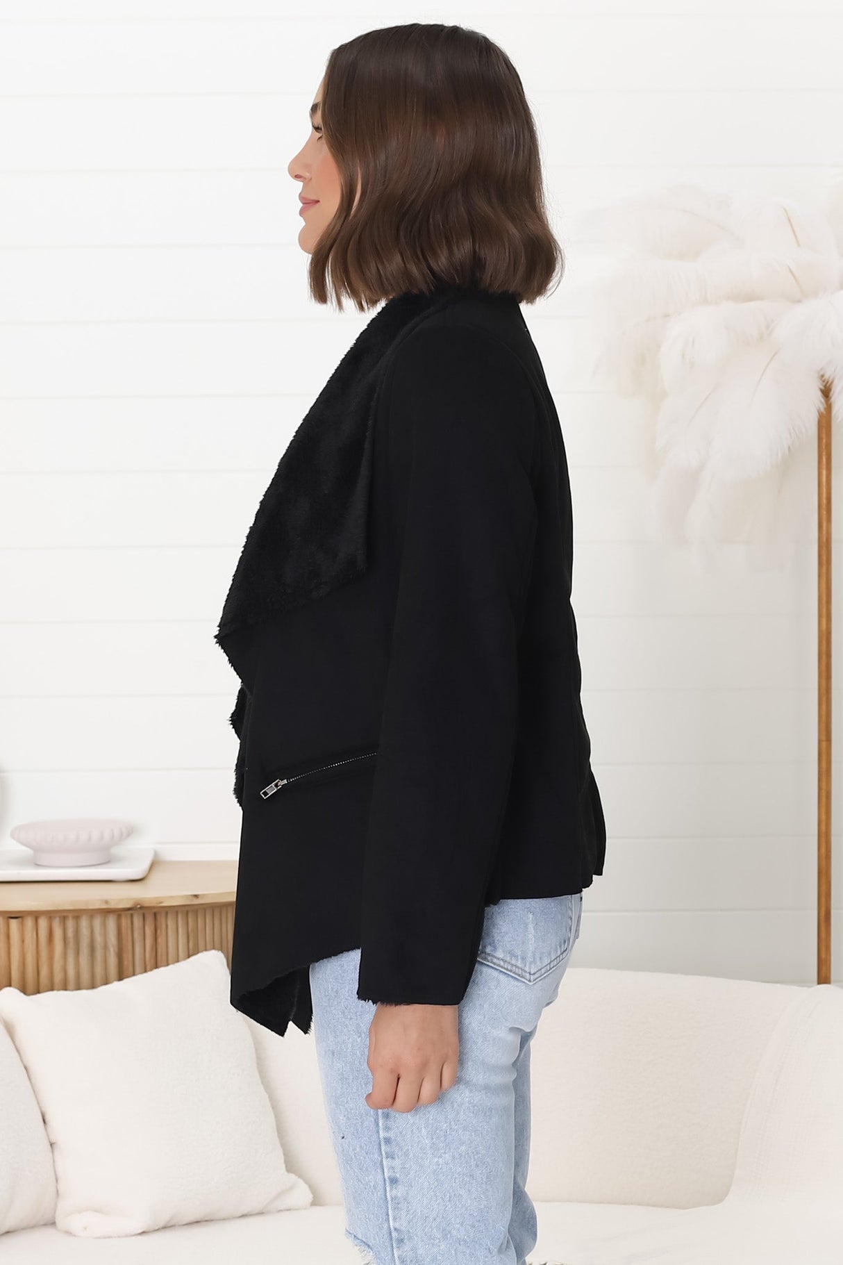 Newton Crop Jacket - Faux Fur Lined Suede-Like Waterfall Jacket in Black