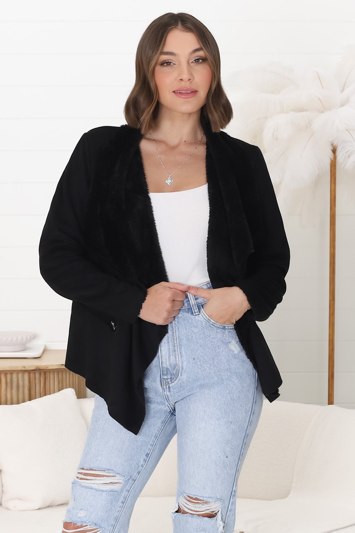 Newton Crop Jacket - Faux Fur Lined Suede-Like Waterfall Jacket in Black