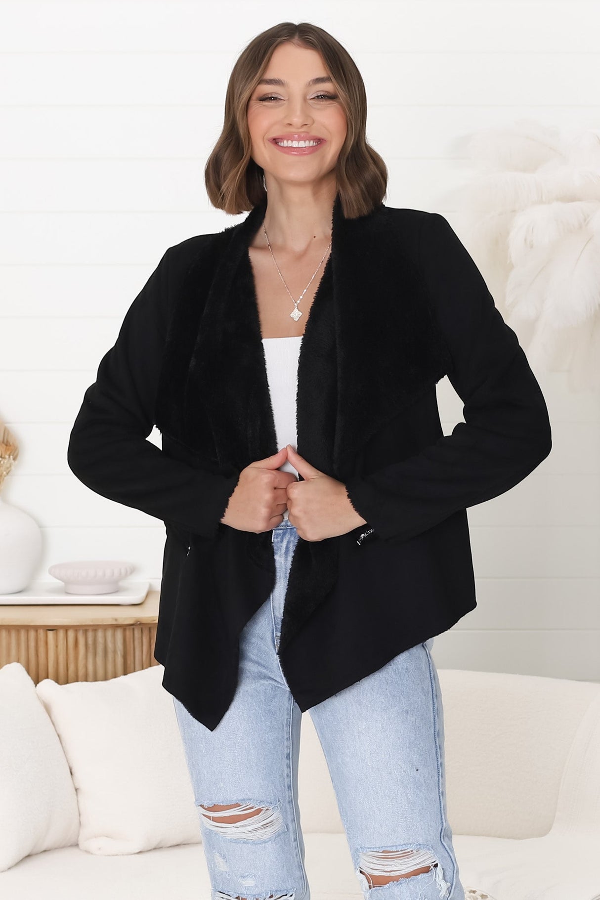 Newton Crop Jacket - Faux Fur Lined Suede-Like Waterfall Jacket in Black