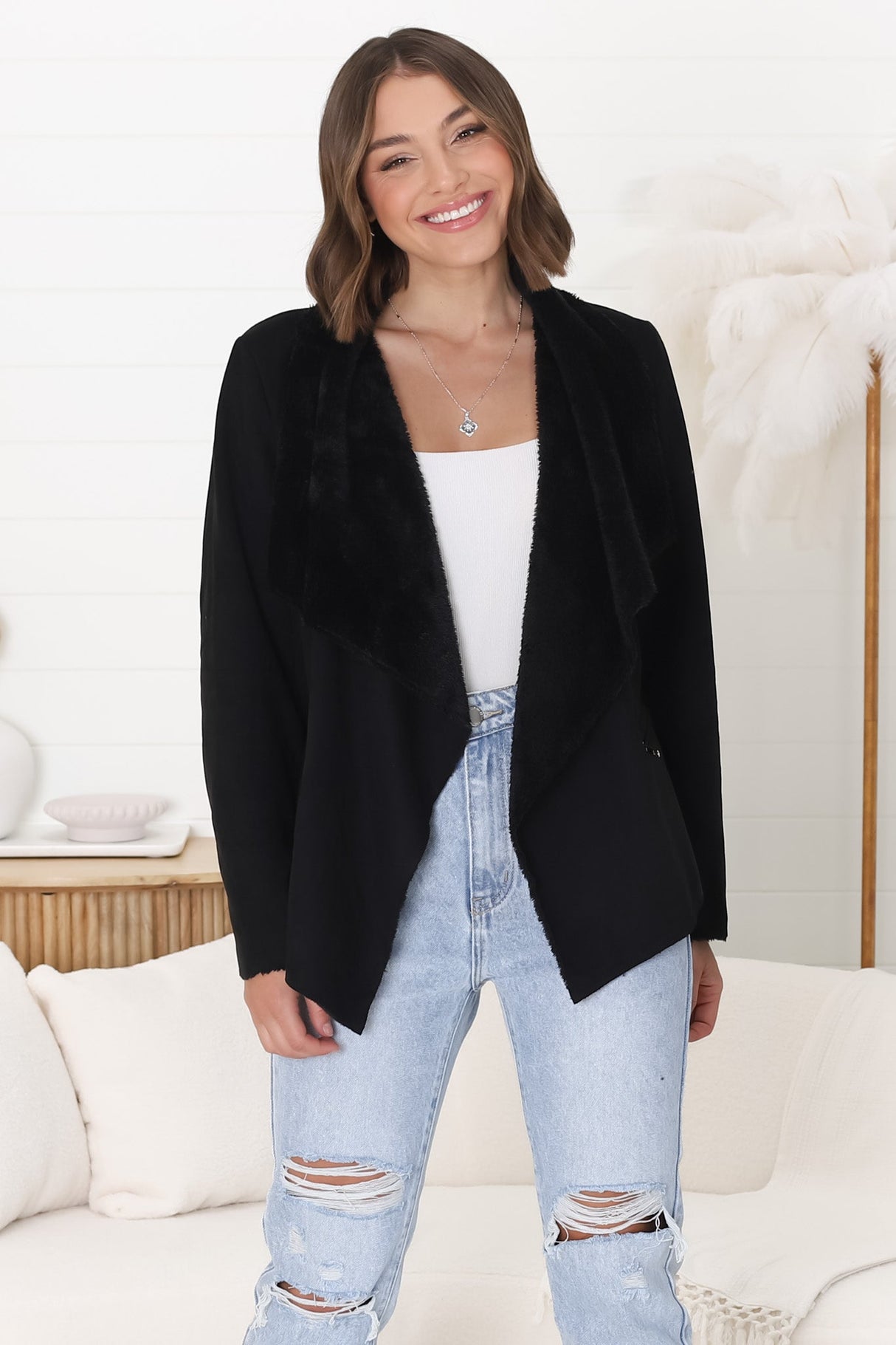 Newton Crop Jacket - Faux Fur Lined Suede-Like Waterfall Jacket in Black