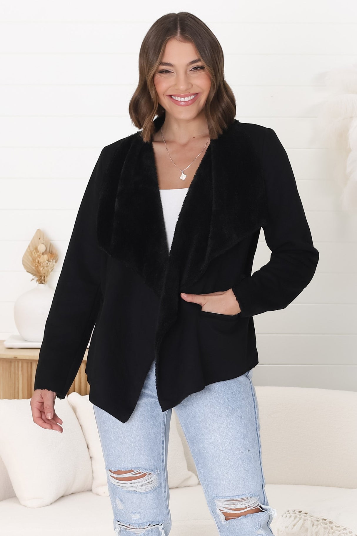 Newton Crop Jacket - Faux Fur Lined Suede-Like Waterfall Jacket in Black