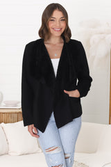 Newton Crop Jacket - Faux Fur Lined Suede-Like Waterfall Jacket in Black