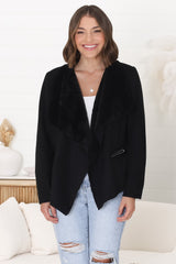 Newton Crop Jacket - Faux Fur Lined Suede-Like Waterfall Jacket in Black