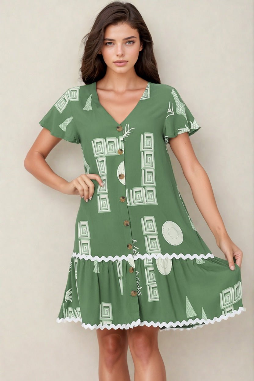 Amaris Mini Dress - V Neck Button Down Dress with Rick Rack Decal Saba Print in Green