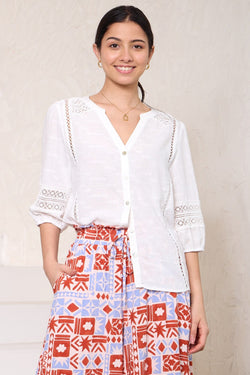 Nico Top - Mandarin Collar Buttoned Down Shirt with Crochet Details in White