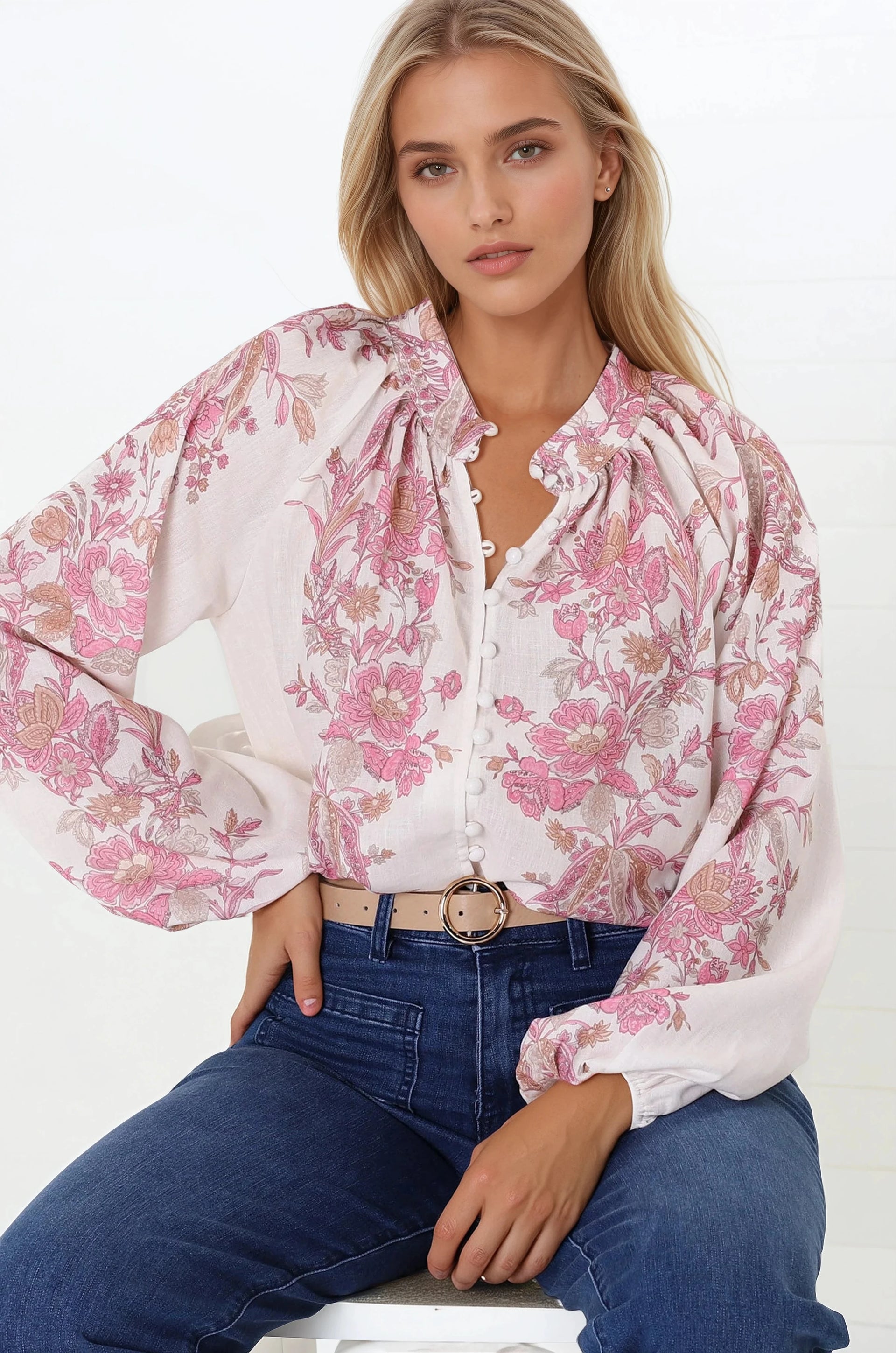 Nicola Blouse Mandarin Collar Button Down Linen Blouse Sorrel Print