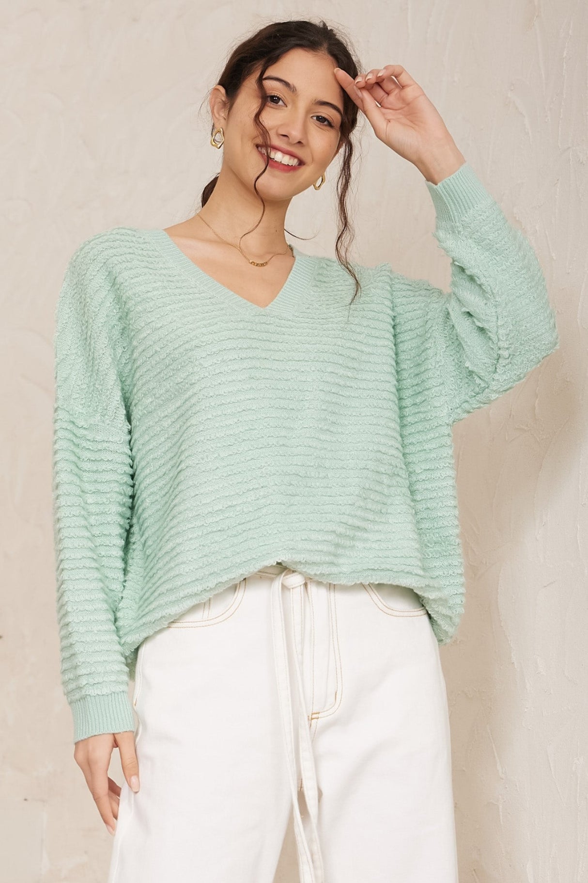 Nicole Jumper - Relaxed Textured Stripe Pull Over Jumper in Mint