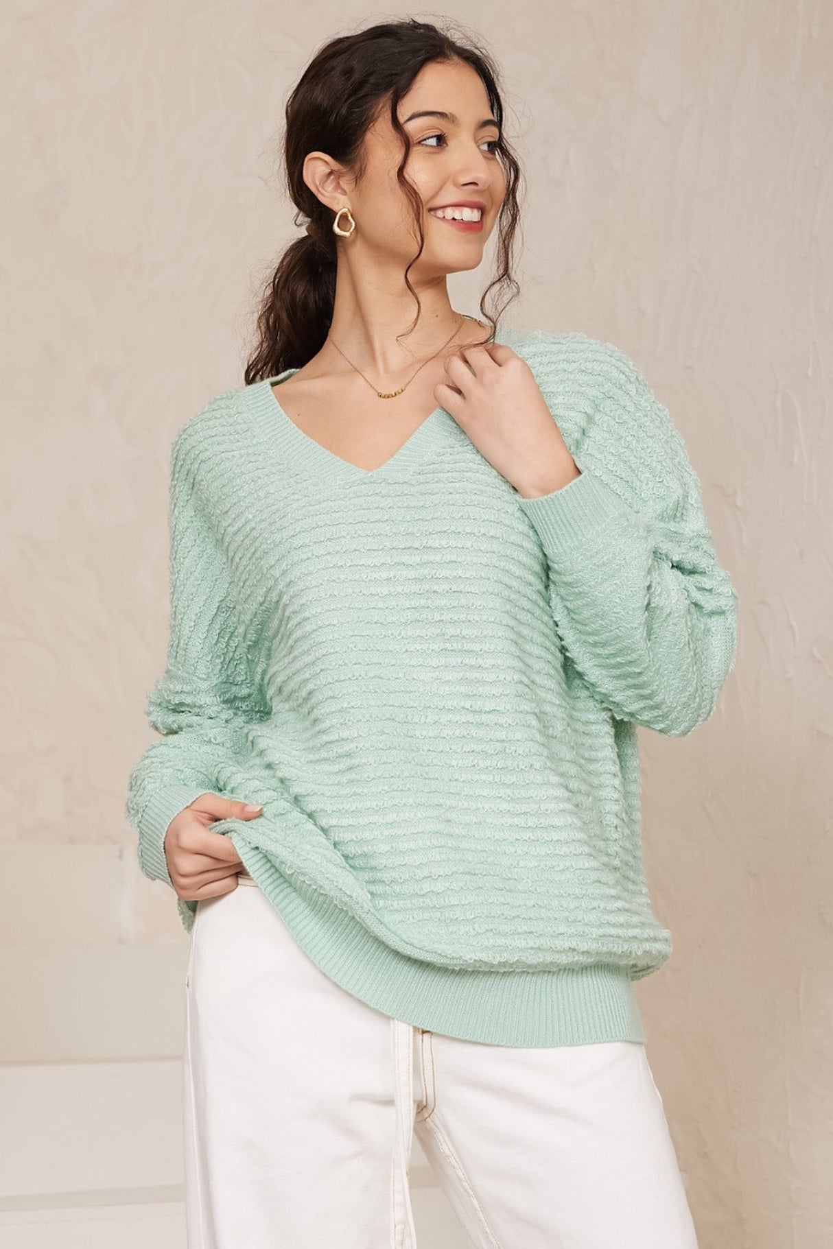 Nicole Jumper - Relaxed Textured Stripe Pull Over Jumper in Mint