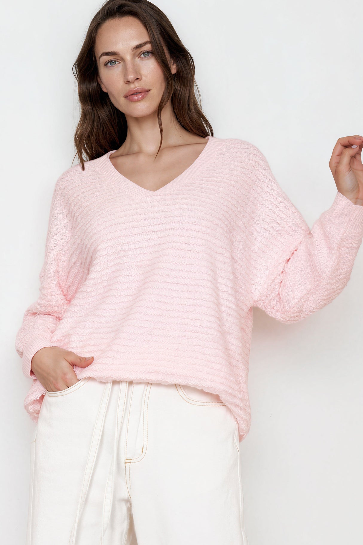 Model wearing Nicole Jumper in Pink from Salty Crush