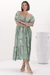 Nielly Midi Dress - V Neck Tie Bust A Line Dress with Balloon Sleeves in Havanna Print Green