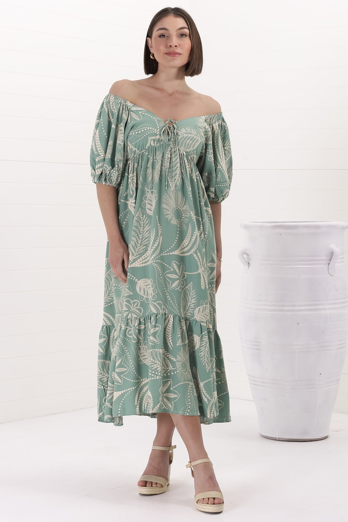 Nielly Midi Dress - V Neck Tie Bust A Line Dress with Balloon Sleeves in Havanna Print Green