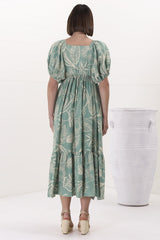 Nielly Midi Dress - V Neck Tie Bust A Line Dress with Balloon Sleeves in Havanna Print Green