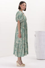 Nielly Midi Dress - V Neck Tie Bust A Line Dress with Balloon Sleeves in Havanna Print Green