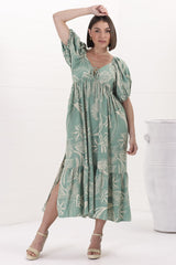 Nielly Midi Dress - V Neck Tie Bust A Line Dress with Balloon Sleeves in Havanna Print Green