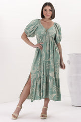 Nielly Midi Dress - V Neck Tie Bust A Line Dress with Balloon Sleeves in Havanna Print Green