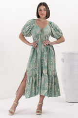 Nielly Midi Dress - V Neck Tie Bust A Line Dress with Balloon Sleeves in Havanna Print Green