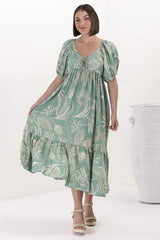 Nielly Midi Dress - V Neck Tie Bust A Line Dress with Balloon Sleeves in Havanna Print Green