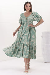 Nielly Midi Dress - V Neck Tie Bust A Line Dress with Balloon Sleeves in Havanna Print Green