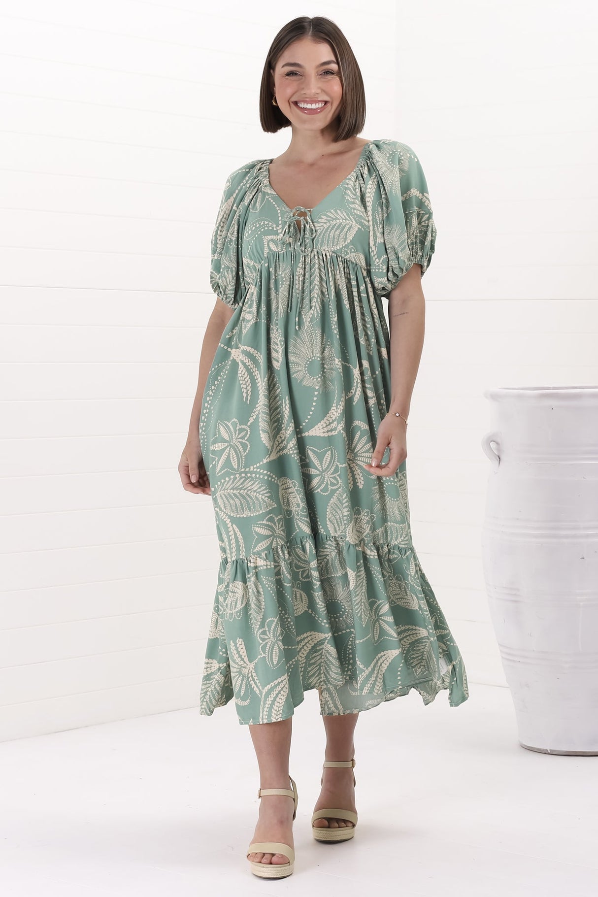 Nielly Midi Dress - V Neck Tie Bust A Line Dress with Balloon Sleeves in Havanna Print Green