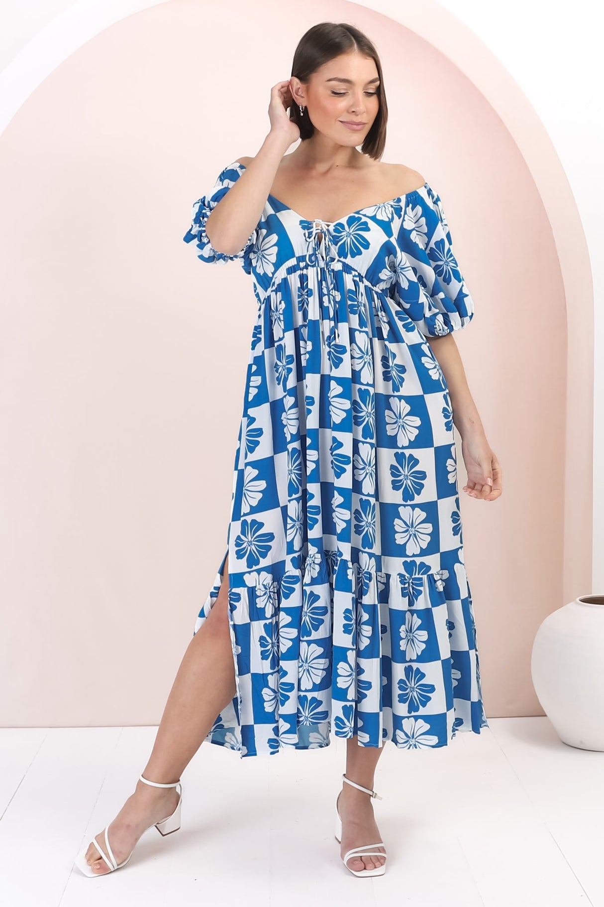 Nielly Midi Dress - V Neck Tie Bust A Line Dress with Balloon Sleeves in Kolby Print Blue