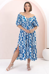 Nielly Midi Dress - V Neck Tie Bust A Line Dress with Balloon Sleeves in Kolby Print Blue