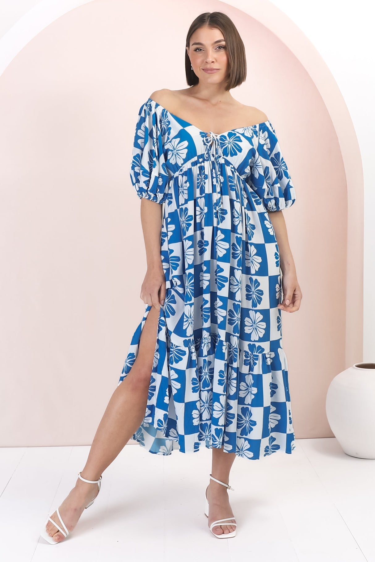 Nielly Midi Dress - V Neck Tie Bust A Line Dress with Balloon Sleeves in Kolby Print Blue