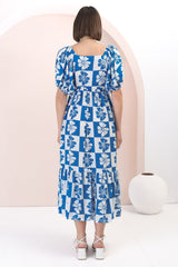 Nielly Midi Dress - V Neck Tie Bust A Line Dress with Balloon Sleeves in Kolby Print Blue