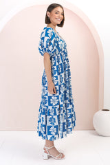 Nielly Midi Dress - V Neck Tie Bust A Line Dress with Balloon Sleeves in Kolby Print Blue