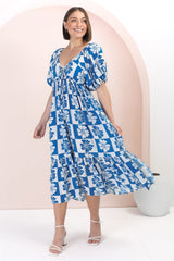 Nielly Midi Dress - V Neck Tie Bust A Line Dress with Balloon Sleeves in Kolby Print Blue