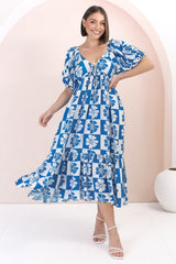 Nielly Midi Dress - V Neck Tie Bust A Line Dress with Balloon Sleeves in Kolby Print Blue