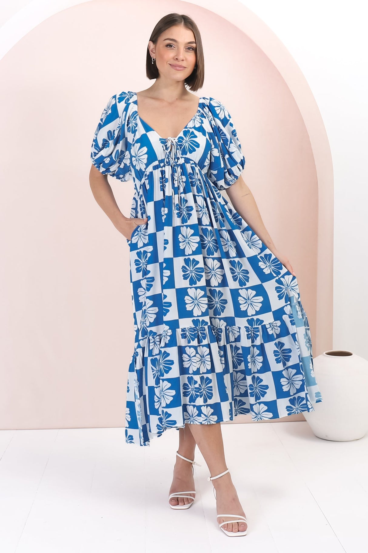 Nielly Midi Dress - V Neck Tie Bust A Line Dress with Balloon Sleeves in Kolby Print Blue