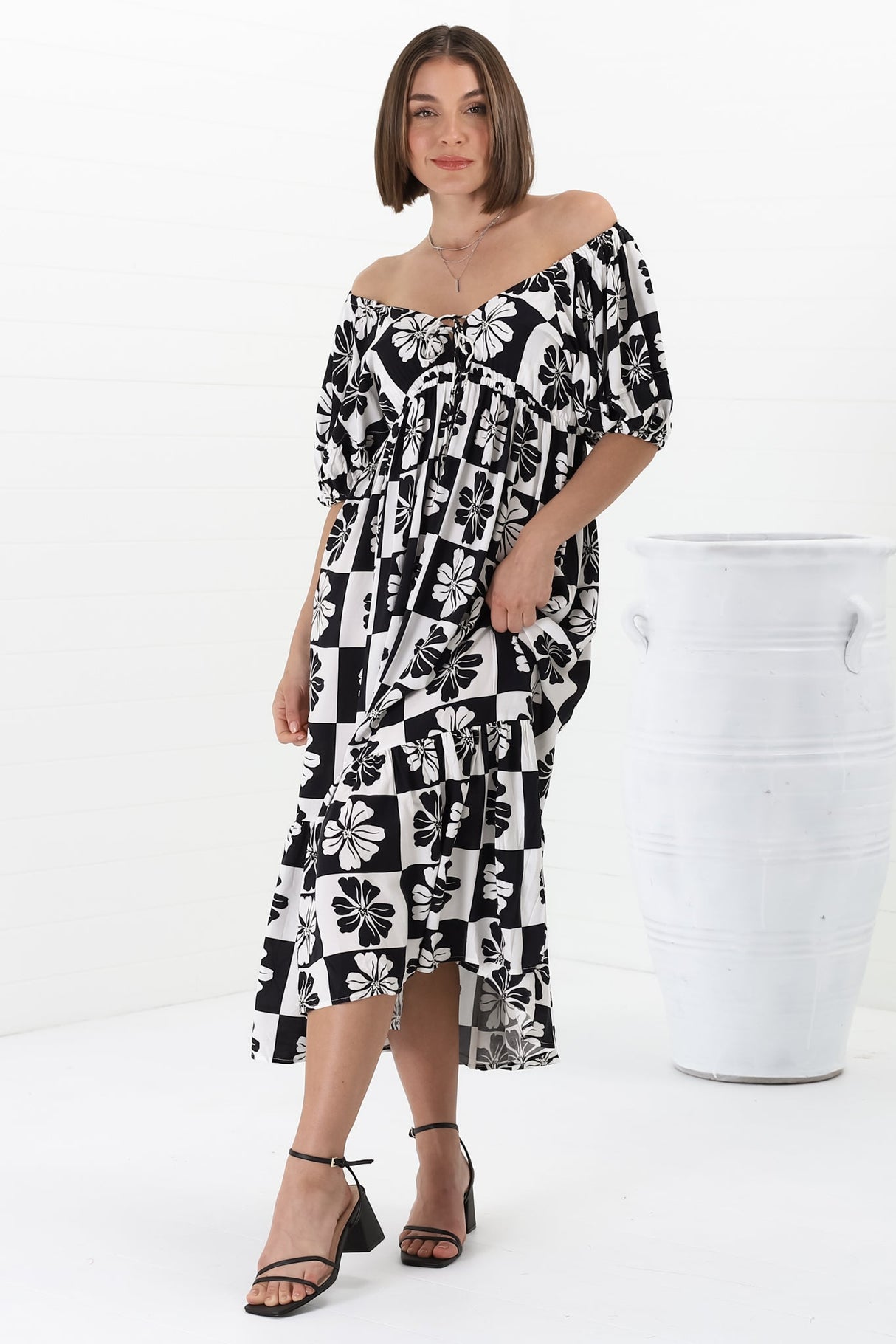 Nielly Midi Dress - V Neck Tie Bust A Line Dress with Balloon Sleeves in Kolby Print Black