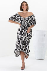 Nielly Midi Dress - V Neck Tie Bust A Line Dress with Balloon Sleeves in Kolby Print Black