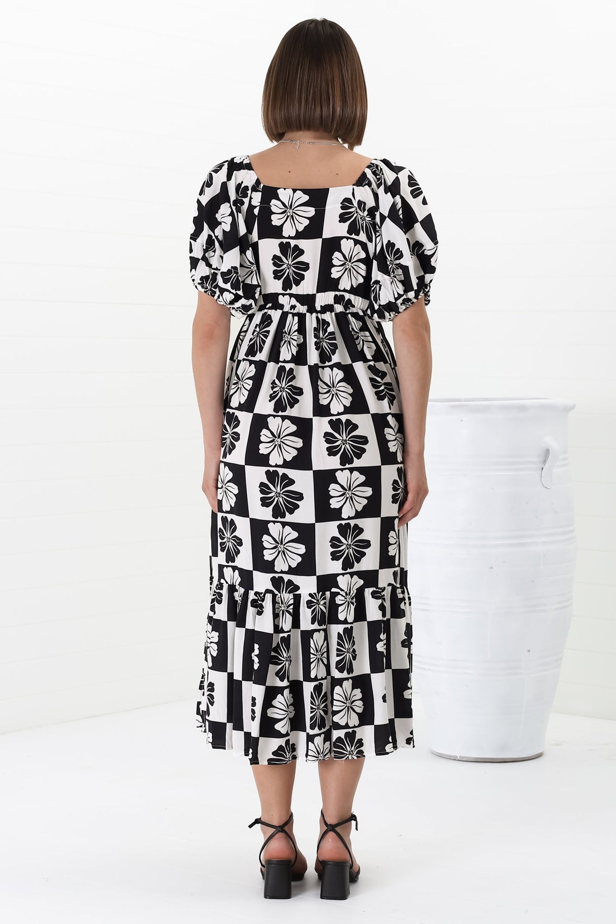 Nielly Midi Dress - V Neck Tie Bust A Line Dress with Balloon Sleeves in Kolby Print Black