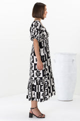 Nielly Midi Dress - V Neck Tie Bust A Line Dress with Balloon Sleeves in Kolby Print Black