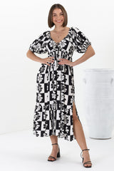 Nielly Midi Dress - V Neck Tie Bust A Line Dress with Balloon Sleeves in Kolby Print Black