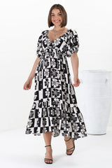 Nielly Midi Dress - V Neck Tie Bust A Line Dress with Balloon Sleeves in Kolby Print Black