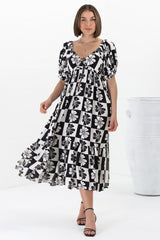 Nielly Midi Dress - V Neck Tie Bust A Line Dress with Balloon Sleeves in Kolby Print Black