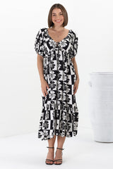 Nielly Midi Dress - V Neck Tie Bust A Line Dress with Balloon Sleeves in Kolby Print Black