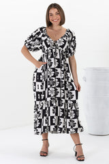 Nielly Midi Dress - V Neck Tie Bust A Line Dress with Balloon Sleeves in Kolby Print Black