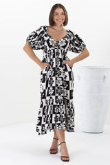 Nielly Midi Dress - V Neck Tie Bust A Line Dress with Balloon Sleeves in Kolby Print Black