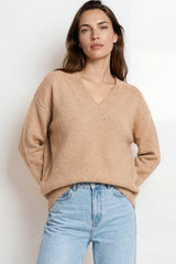 Model wearing Nikita Jumper in Camel from Salty Crush