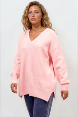 Model wearing Nikita Jumper in Pink from Salty Crush