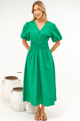 Niorelle Midi Dress - V Neck Tiered A Line Dress with Puff Sleeves in Green