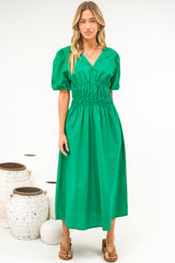 Niorelle Midi Dress - V Neck Tiered A Line Dress with Puff Sleeves in Green