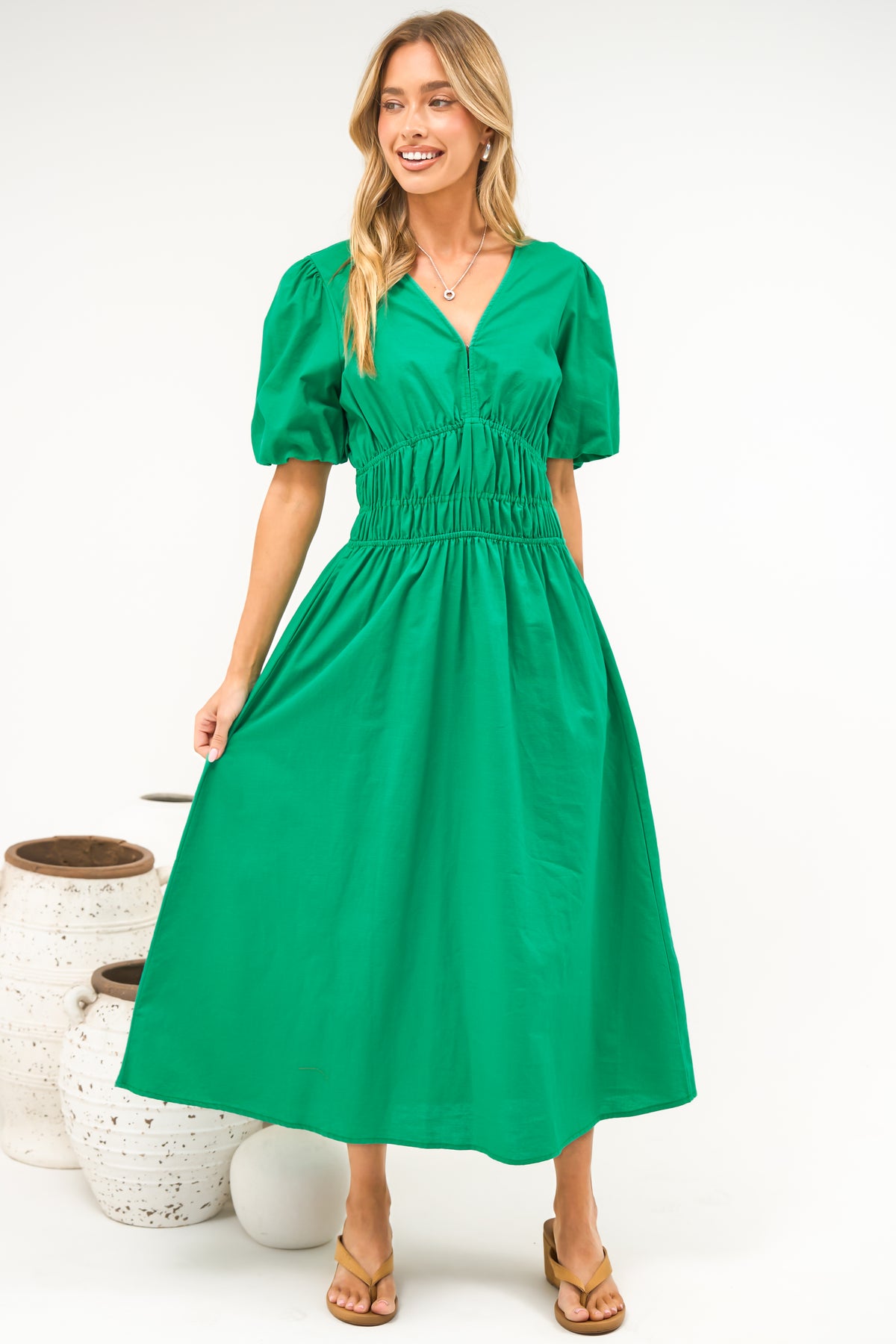 Niorelle Midi Dress - V Neck Tiered A Line Dress with Puff Sleeves in Green