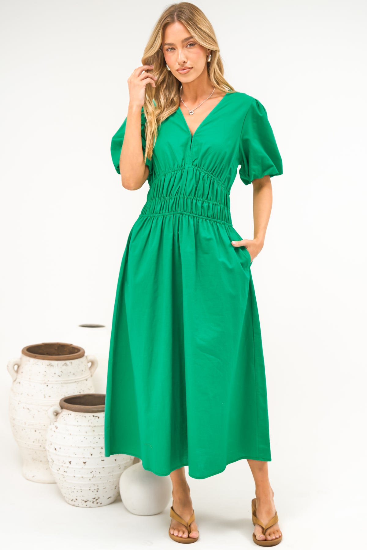 Niorelle Midi Dress - V Neck Tiered A Line Dress with Puff Sleeves in Green