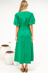 Niorelle Midi Dress - V Neck Tiered A Line Dress with Puff Sleeves in Green